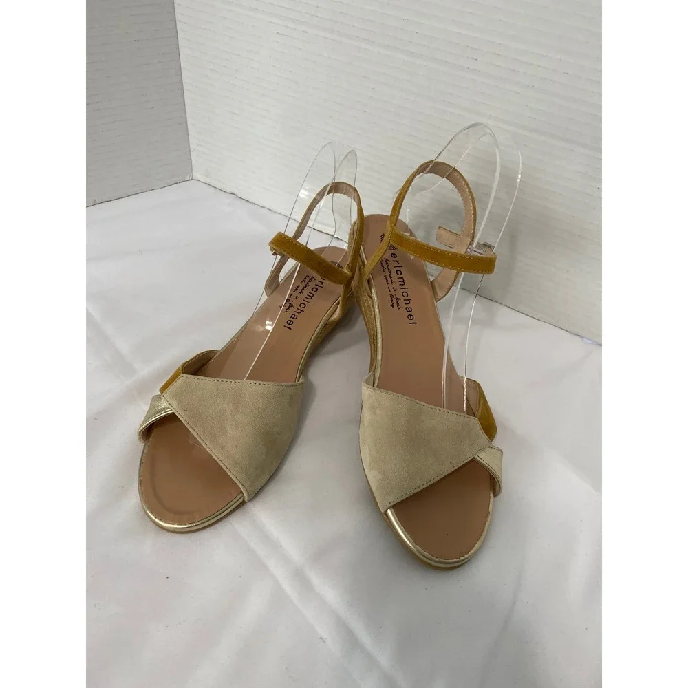 Eric Michael Wedge Sandals Womens 40 Tan Mustard Gold Excellent Espadrille Spain